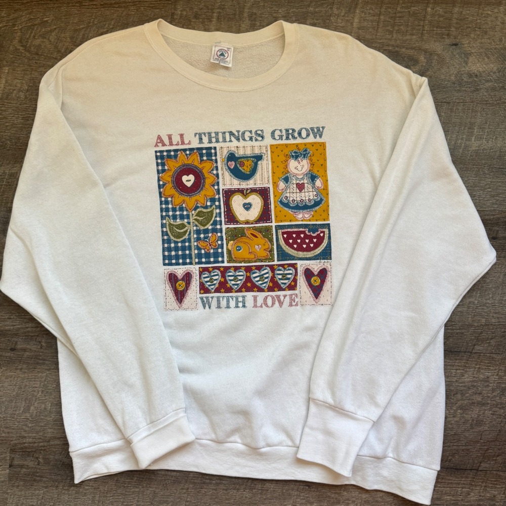 Delta Vintage All Things Grow With Love Graphic Sweatshirt XL White Patchwork